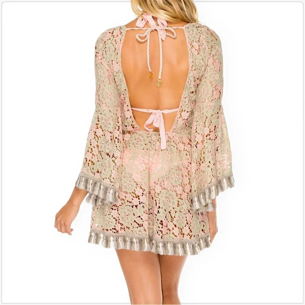Luli Fama Miami Gitana Bell Sleeve Dress Multicolor Lace Swimsuit Coverup NWT XS